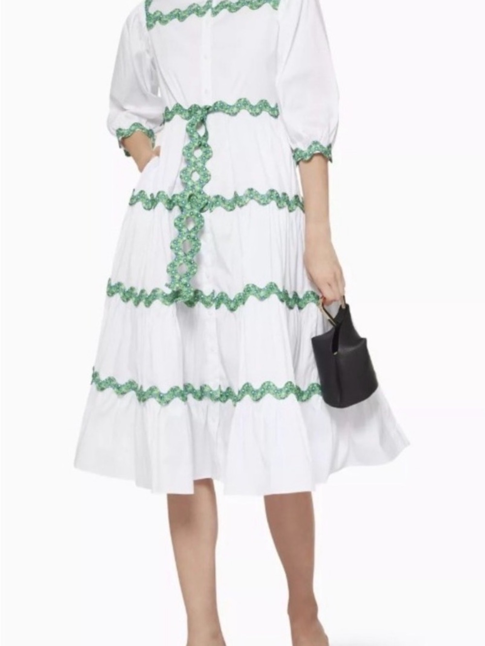 CeliaB White Midi Dress with Green Trim and Belt